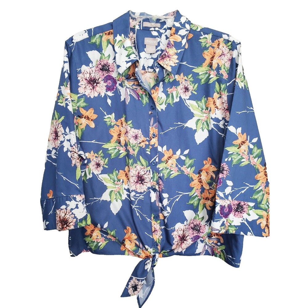 Chico's No Iron Cotton Blue Floral Tie-Waist Button-Up Top Size 3 (XL)